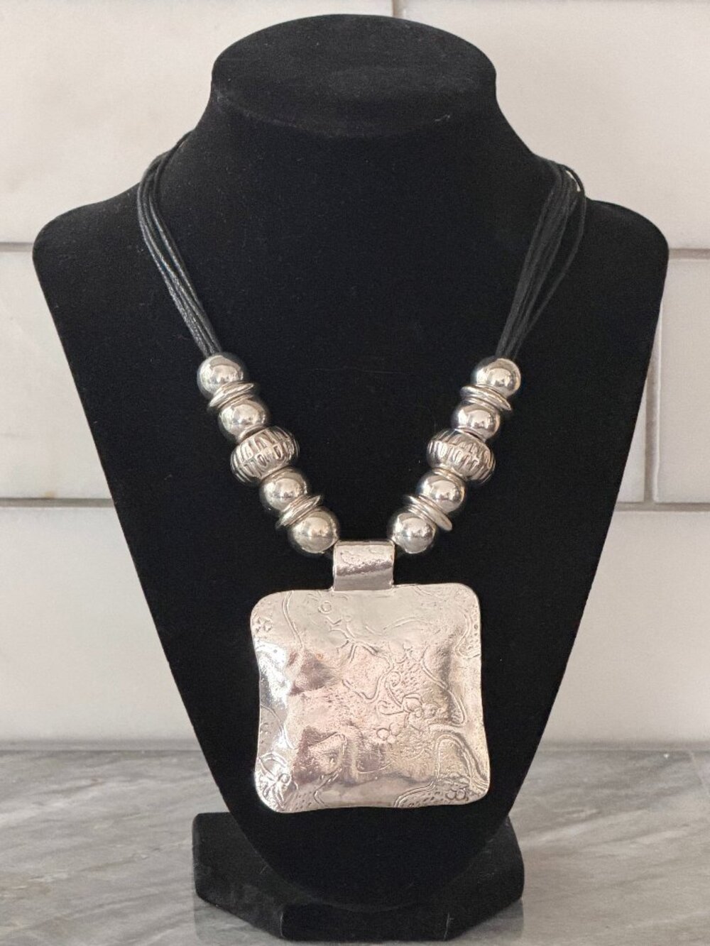 Erica Lyons Chunky Silver-tone Statement Necklace - Textured Square Pendant